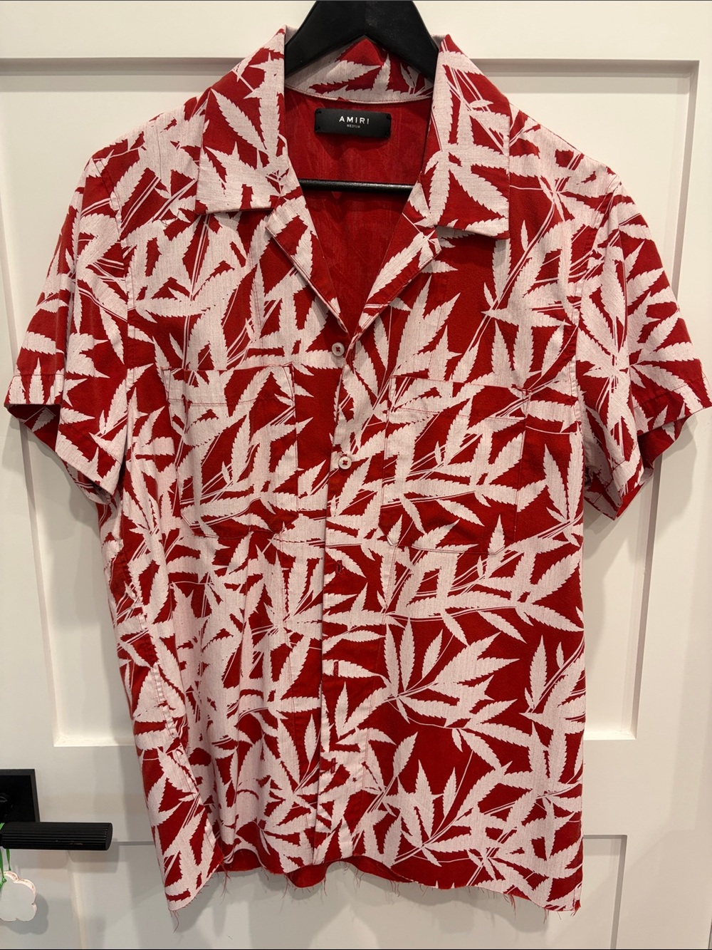 AMIRI Red and White Leaf-Print Short Sleeve Button-Up Shirt